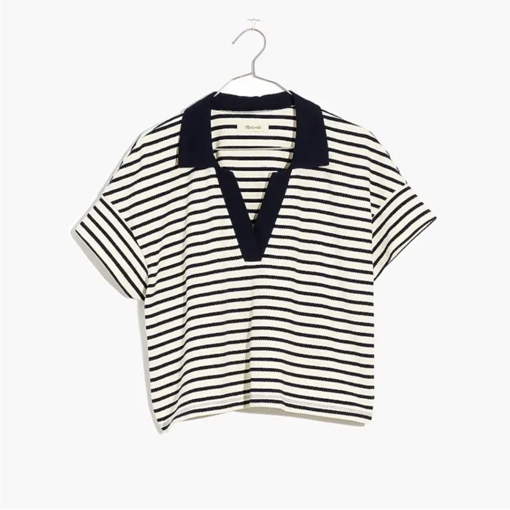 Madewell Navy and White Striped Polo cropped Shirt